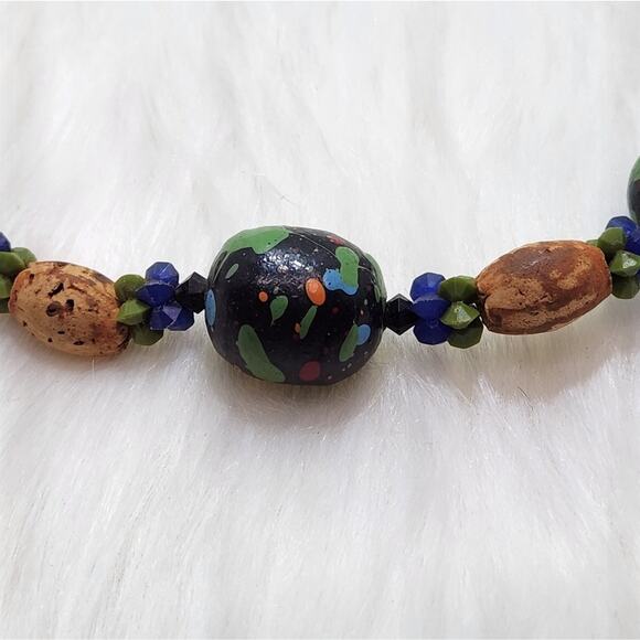 Hand-Painted Cork Beaded Necklace | Rustic Green & Brown Beads - Picture 2 of 4